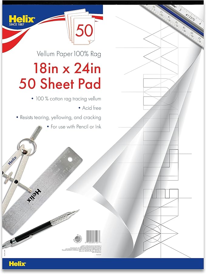 Helix - 100% Rag Vellum Paper Pad - 18 Inch x 24 Inch - 50 Sheet Pad - by MapedHelixUSA
