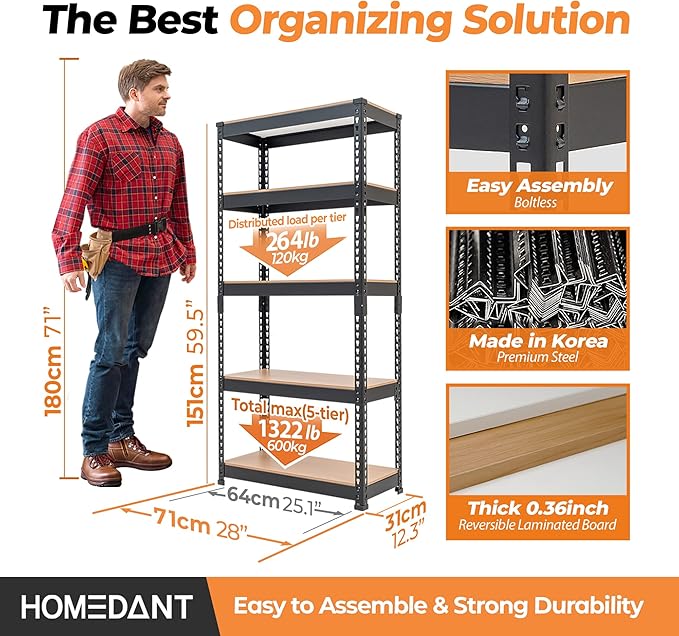 HOMEDANT 28" W 5 Tier Heavy Duty Garage Shelving Adjustable Metal Rack Storage - Image 2