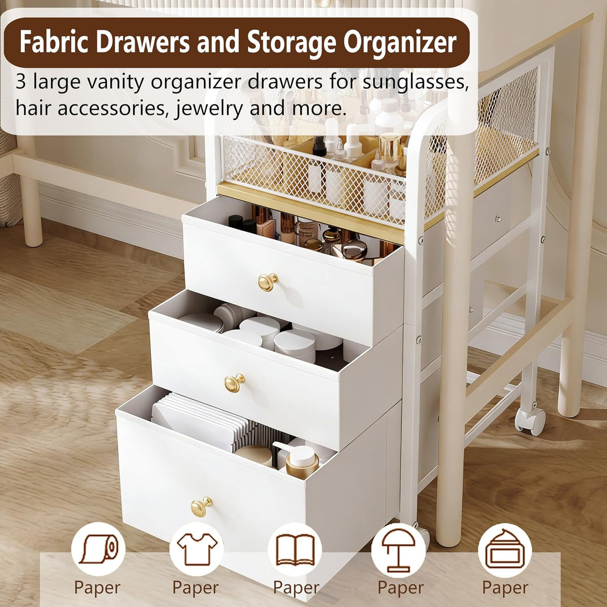 Rolling Makeup Organizer Cart with Drawers Under Desk Storage for Vanity