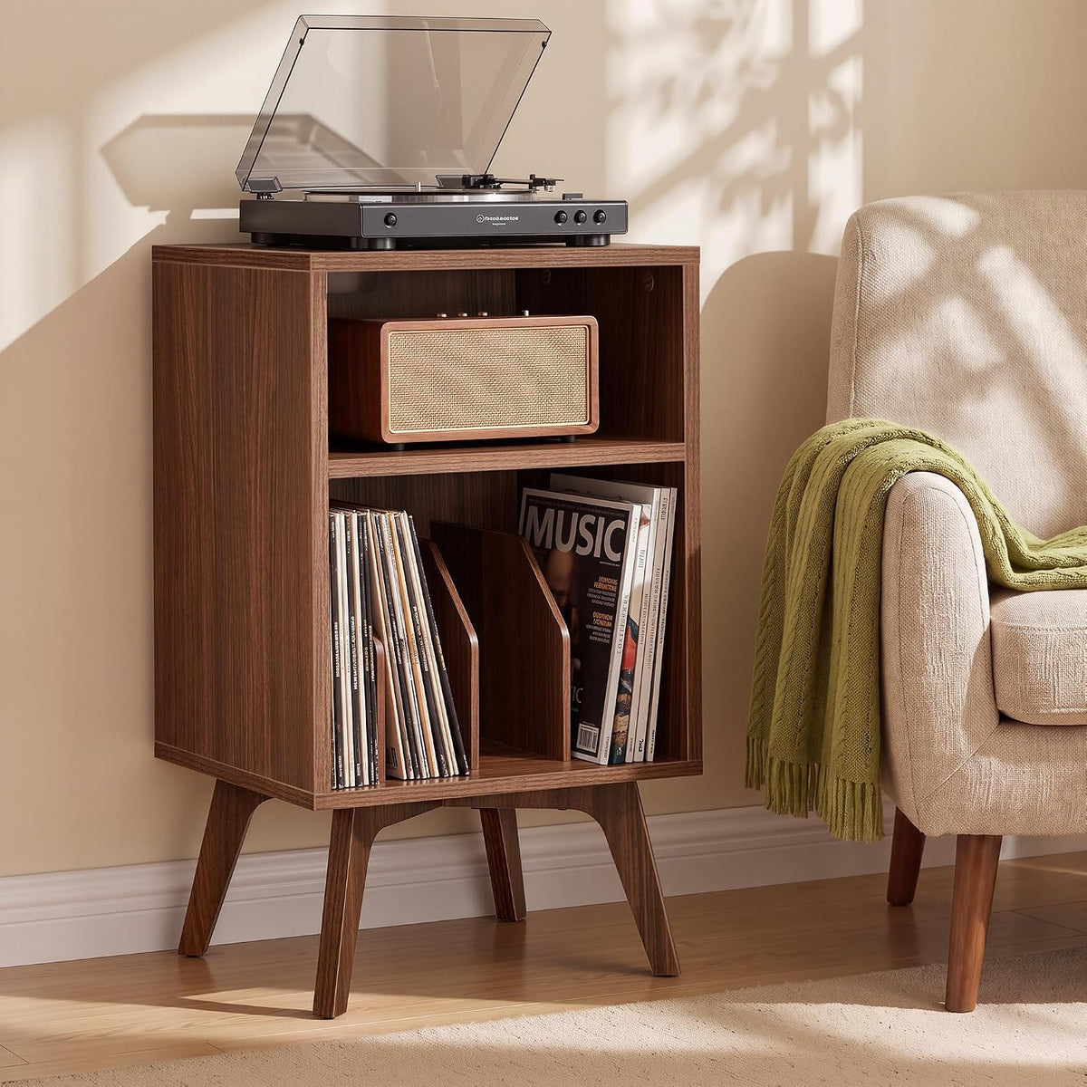 VASAGLE End Table, Mid-Century Record Player Stand, Holds 160 Albums