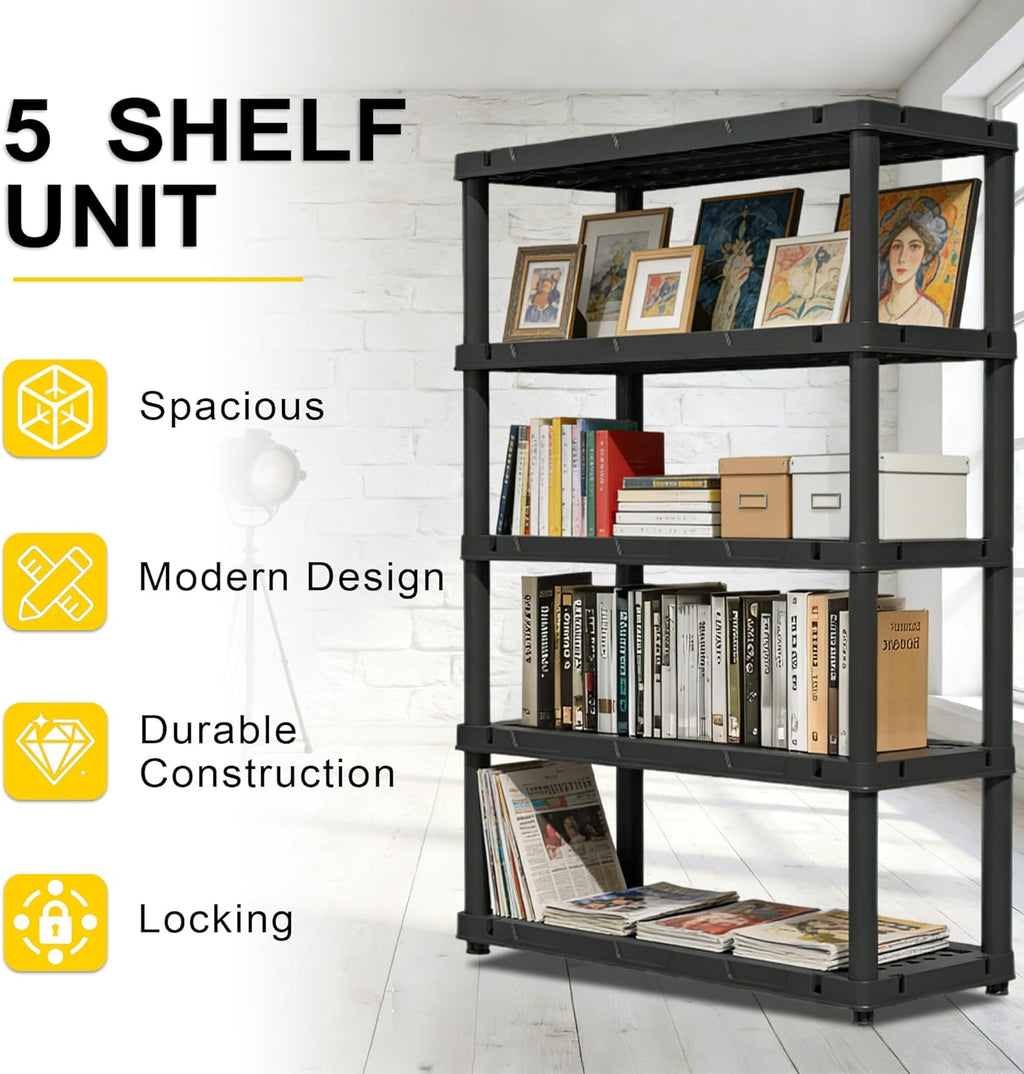 72”h plastic garage storage shelves,5-tier heavy duty plastic on a desk or shelf