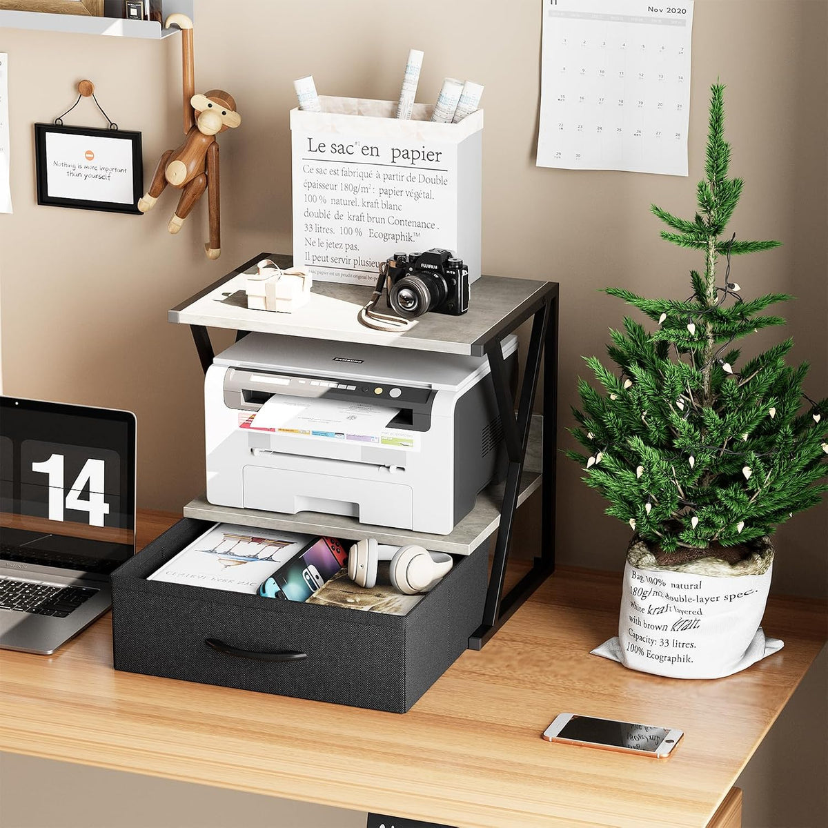 aboxoo Printer Stand for Desk with Storage Drawer, 2 Tier Desktop Or Under De...