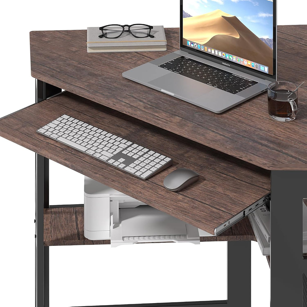 VECELO Corner Desk Computer Desk Writing Table with Smooth Keyboard Tray&Storage Shelves for Small Spaces/Compact Home Office Triangle Table,Brown