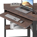 VECELO Corner Desk Computer Desk Writing Table with Smooth Keyboard Tray&Storage Shelves for Small Spaces/Compact Home Office Triangle Table,Brown