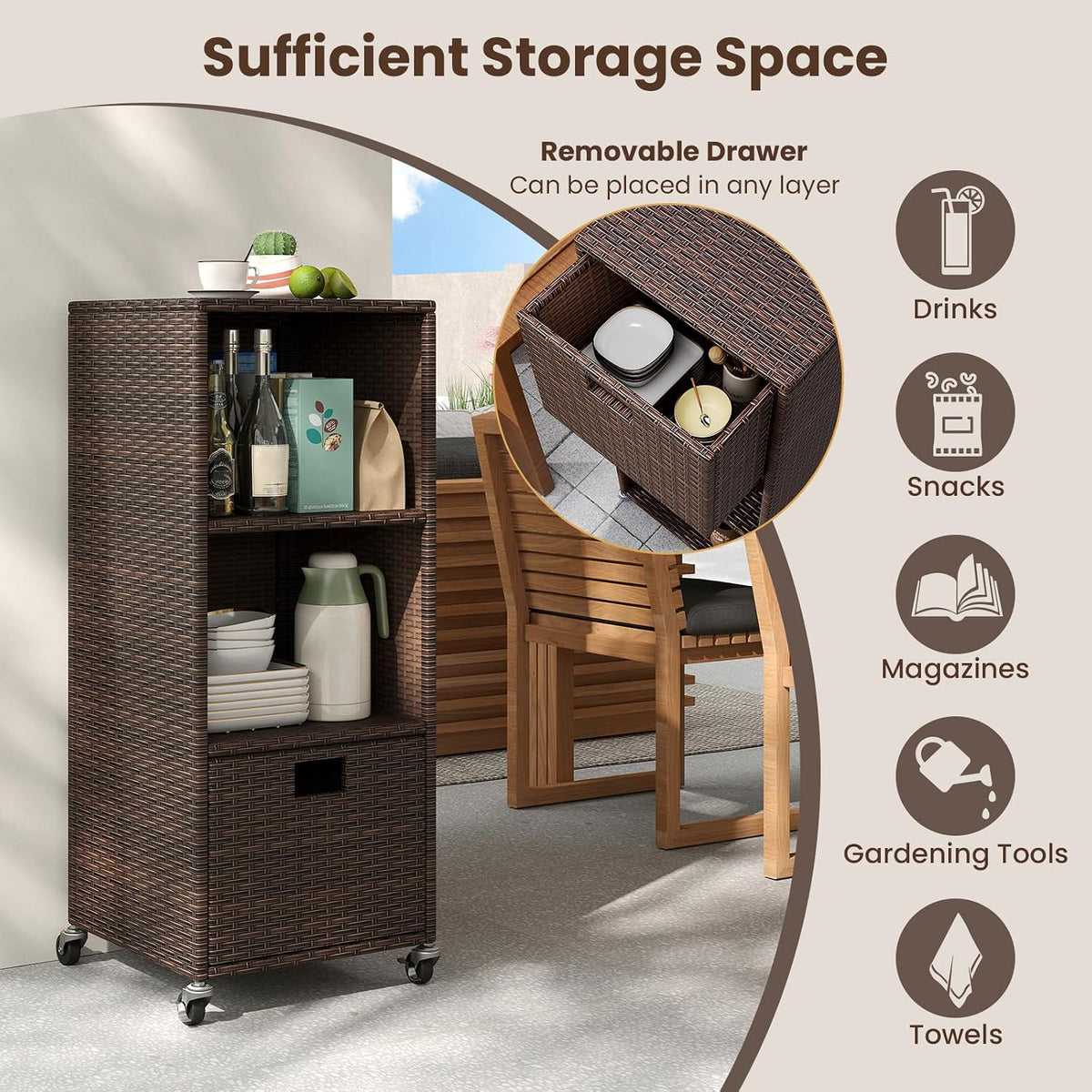 tangkula rattan outdoor storage cabinet with 4 wheels on a desk or shelf