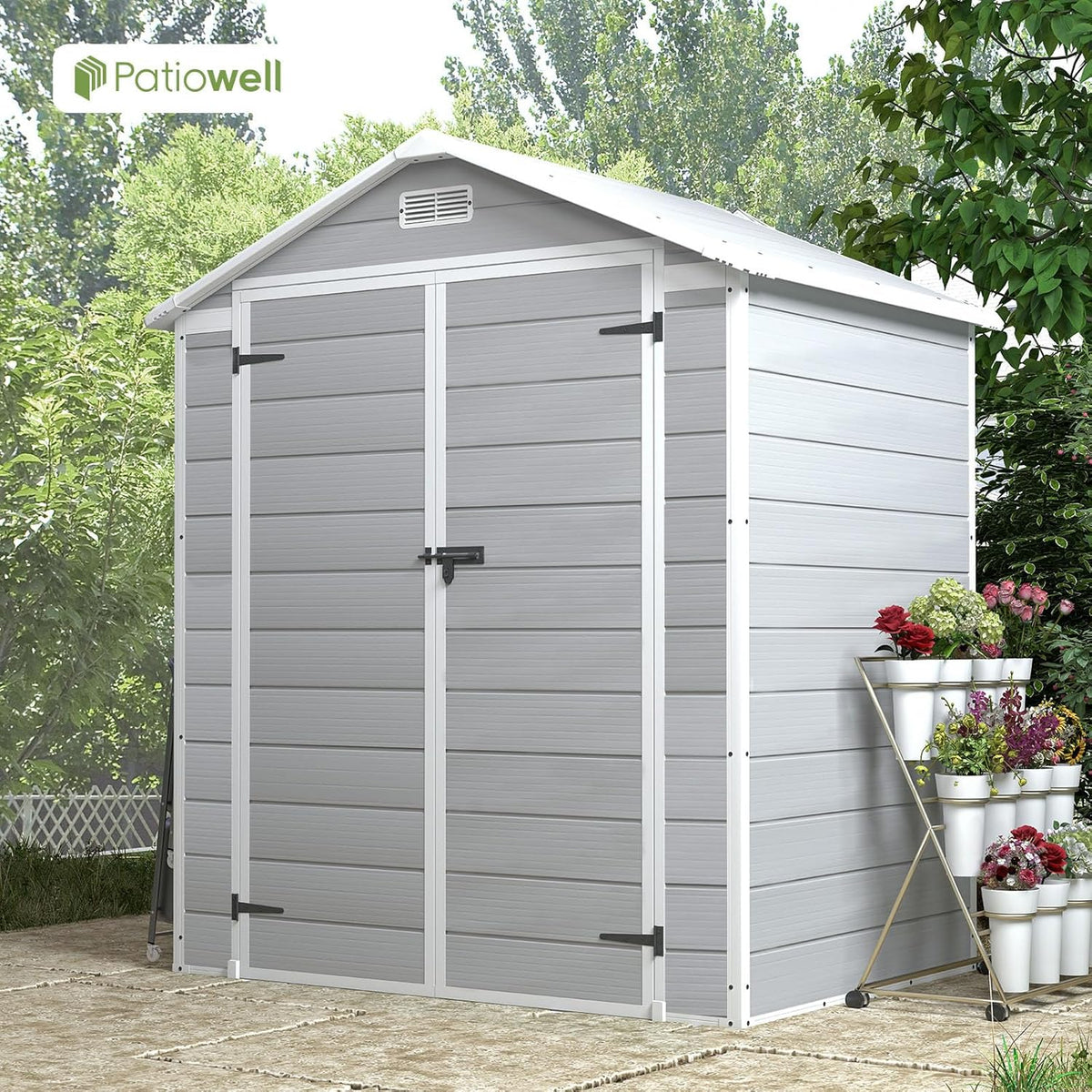 patiowell 6x4 ft resin outdoor storage shed with showing dimensions