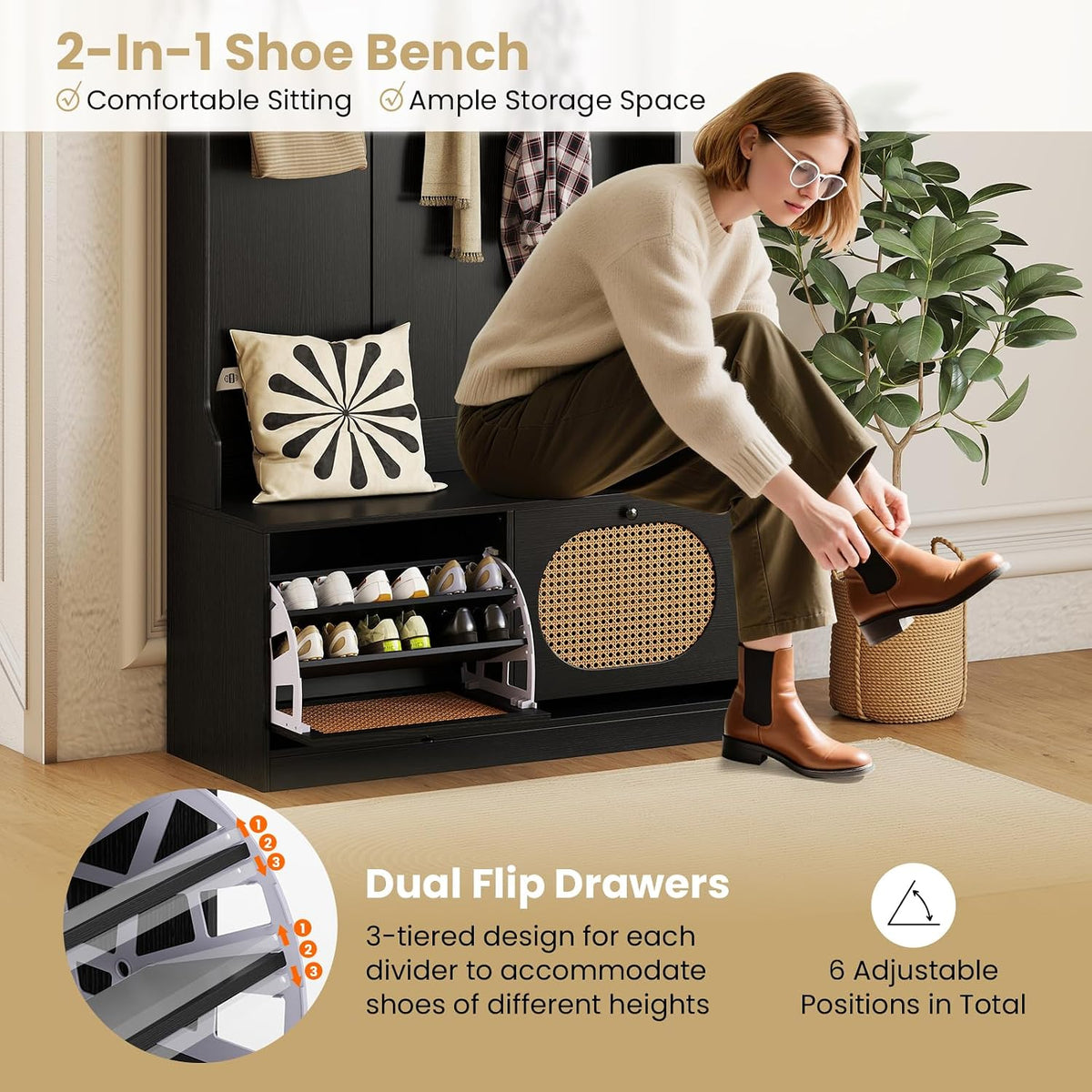 GIANTEX 4-In-1 Hall Tree with Bench and Shoe Storage, Entryway Bench with Coa...