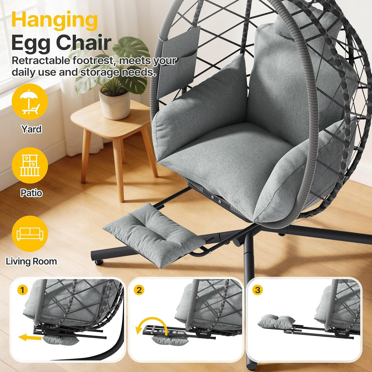Suteck Hanging Egg Chair with Adjustable Footrest & Stand, Grey