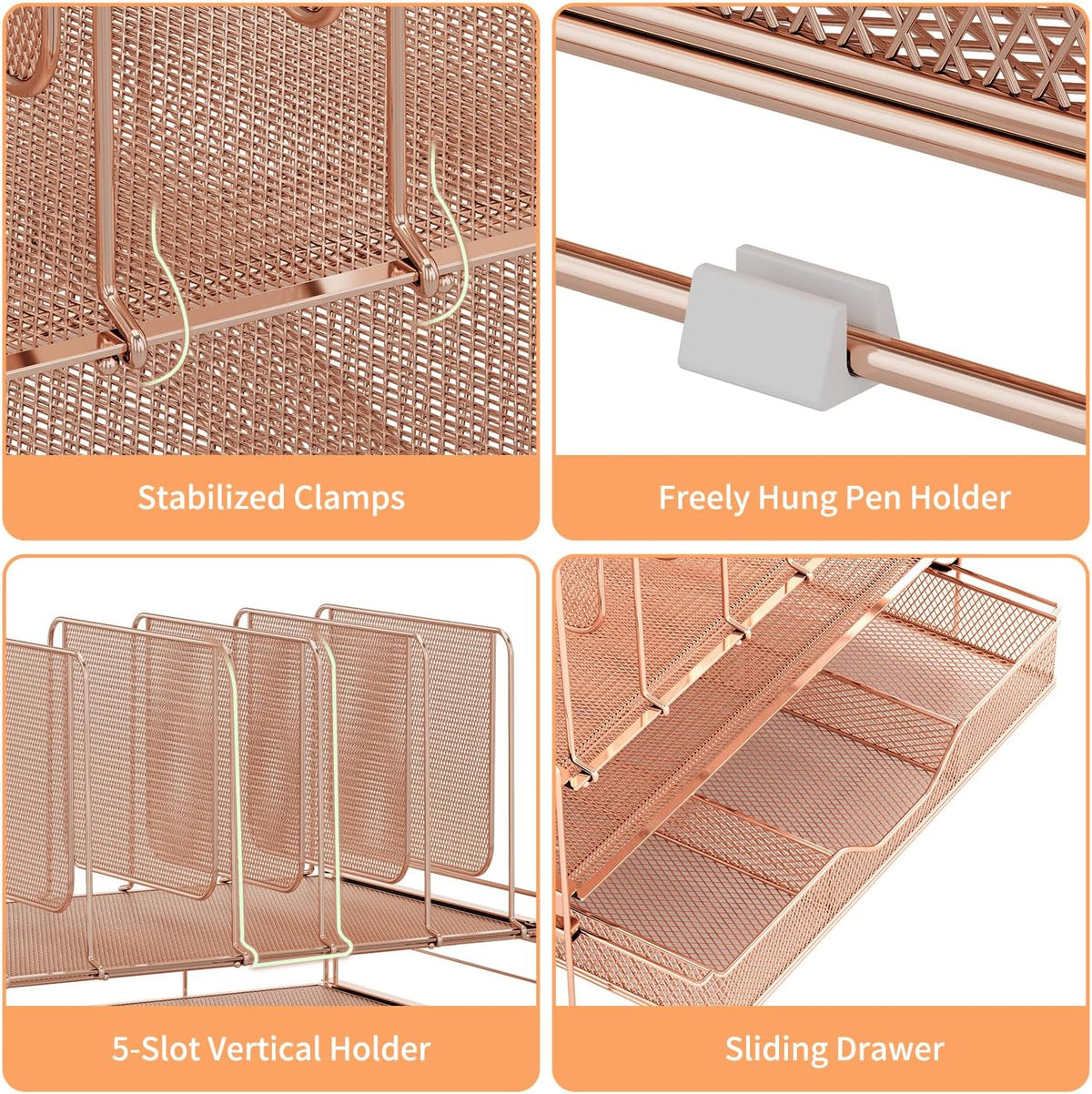 leketree rose gold desk organizer, office organization with showing dimensions