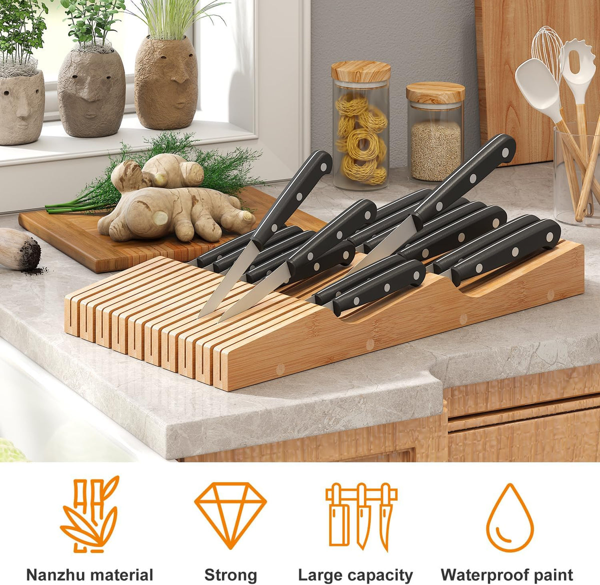 In-Drawer Knife Block Organizer - Bamboo Wood Drawer Knife Organizer-Protecti...