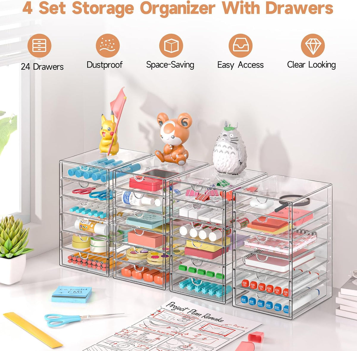 DOMNIU Acrylic Makeup Drawer Storage Organizer with 24 Drawers, 4 Set