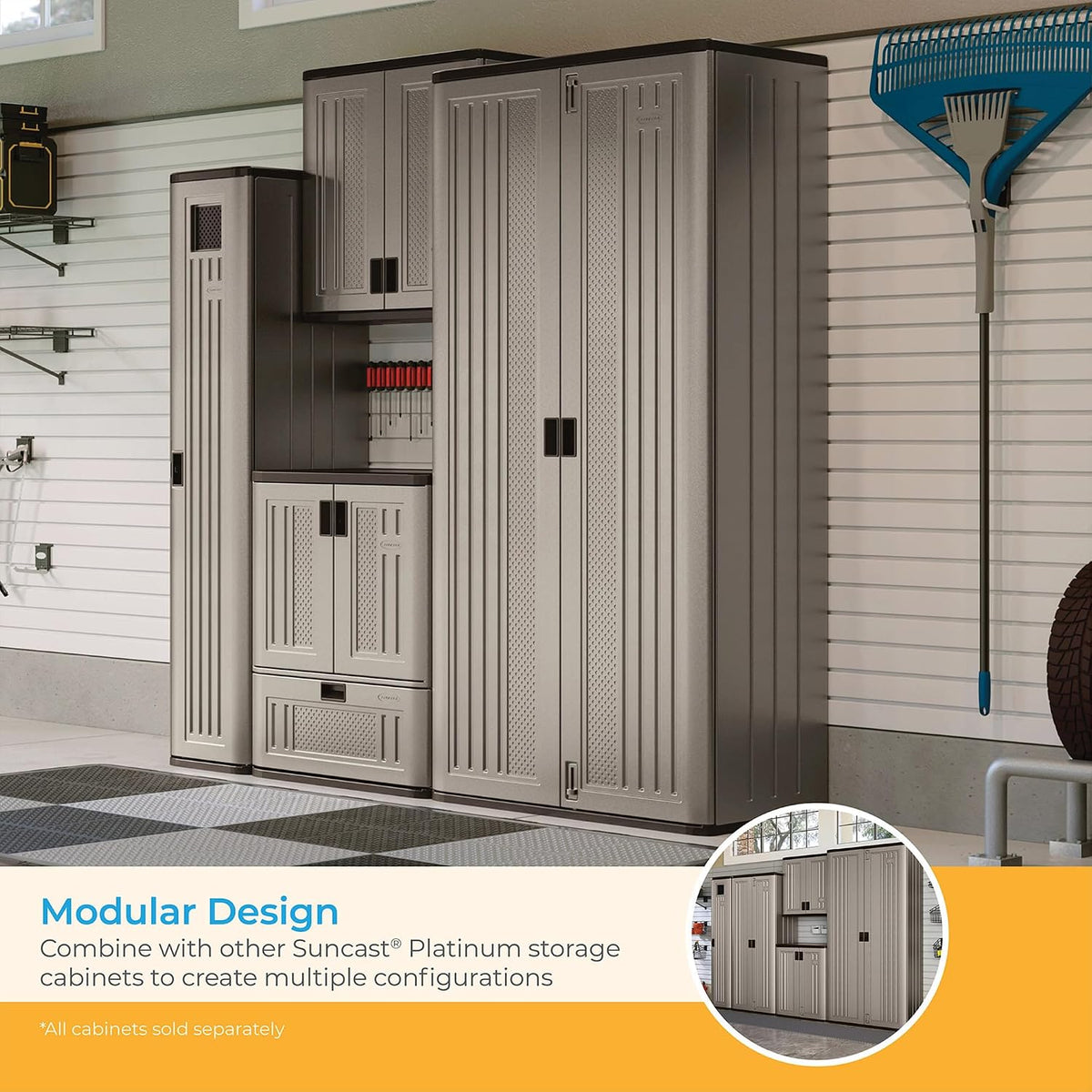 suncast mega tall storage cabinet for garage organization, package contents