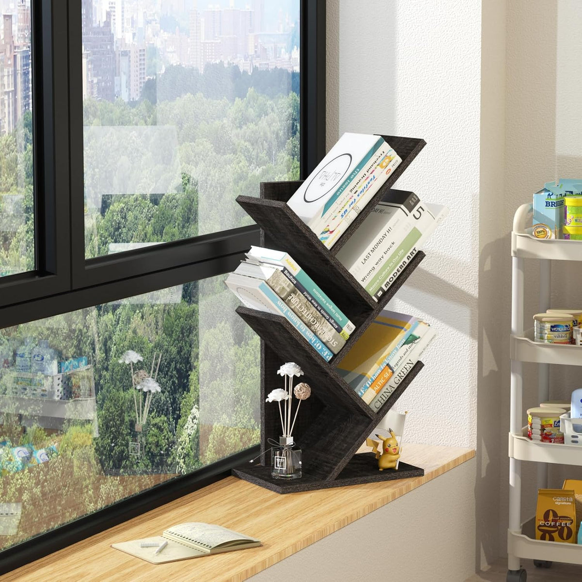 SHEEPAM Small Tree Book Shelf,5 Tier Bookshelf, Wood Desktop Bookcase