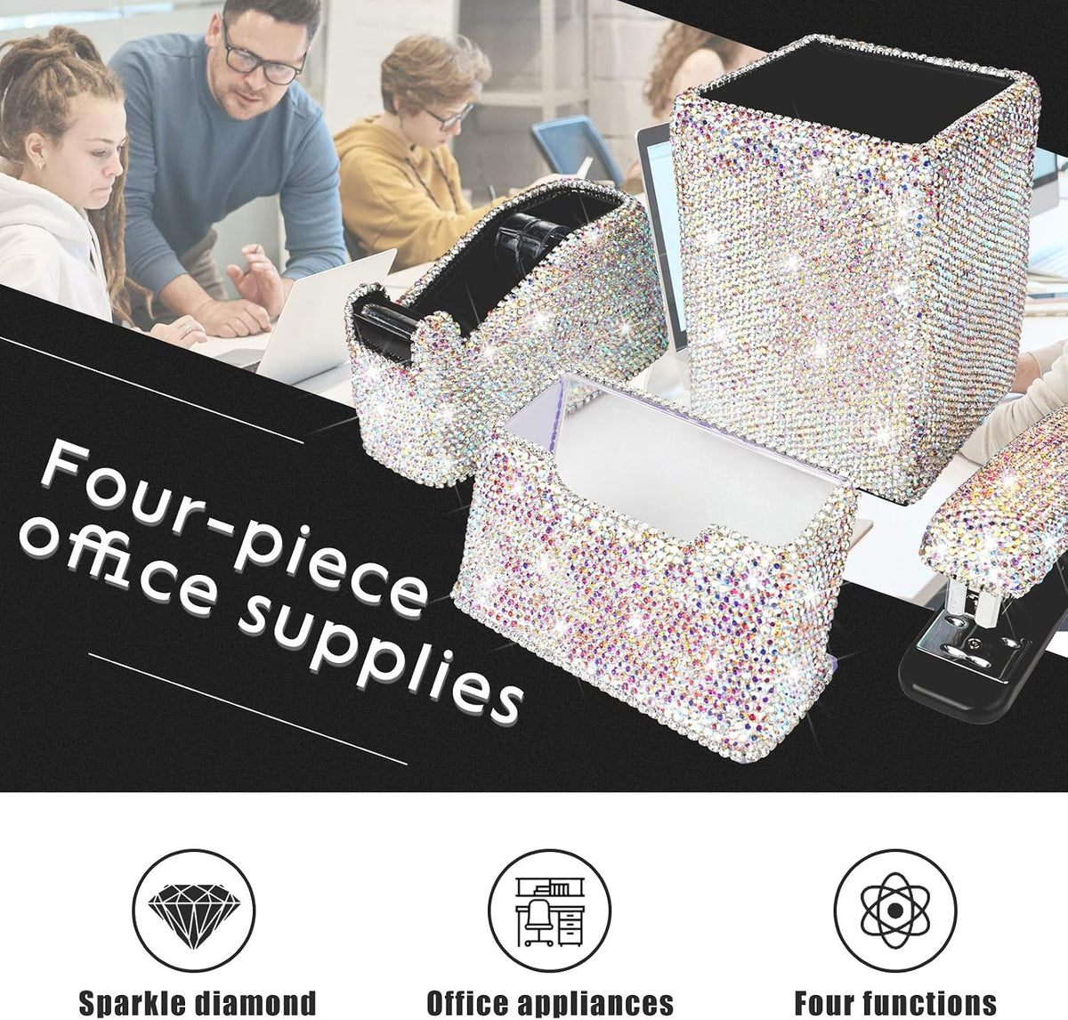 Bling Crystal Luxury Handmade Diamond Square Pencil Pen Pot Holder & Stap...