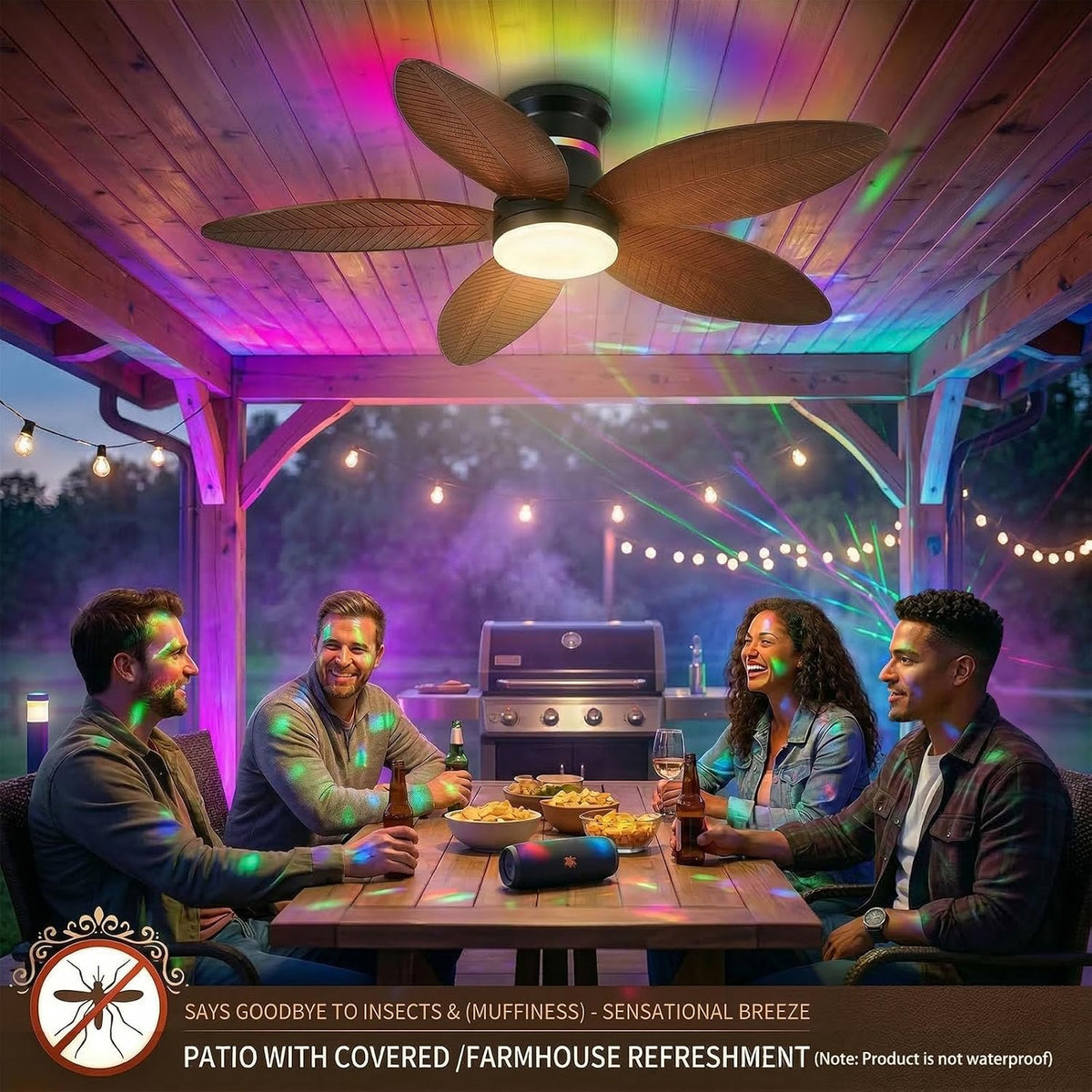 tropical palm leaf rgb ceiling fans with lights shown in use