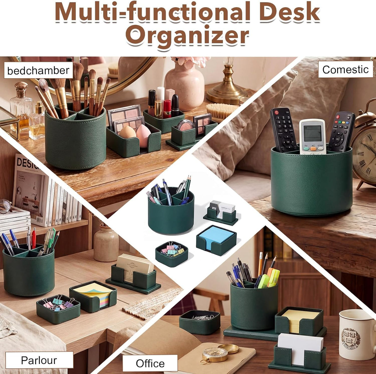 4 Pcs Aesthetic PU Leather Desk Organnizer Set, Green