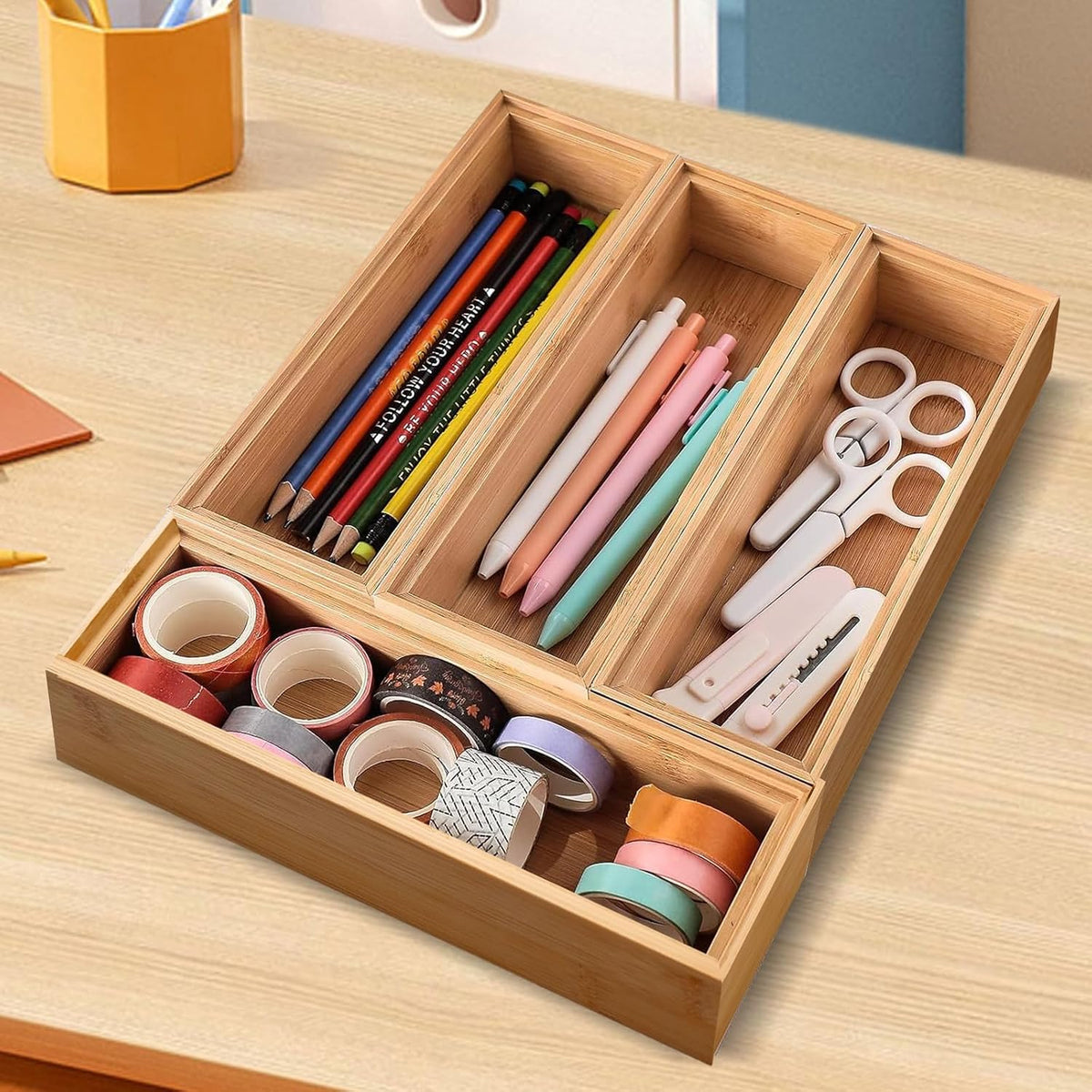 10 Pack Bamboo Drawer Organizers Stackable Wooden Cutlery Storage Boxes for K...