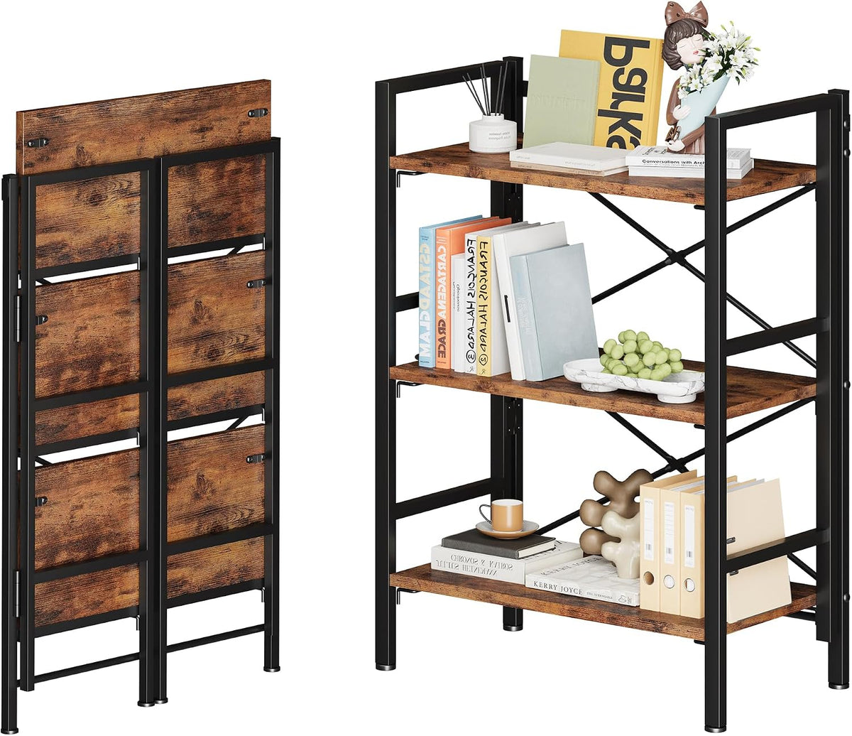 Homeiju Folding Bookshelf No Assembly, 3 Tier Bookcase Foldable Shelf