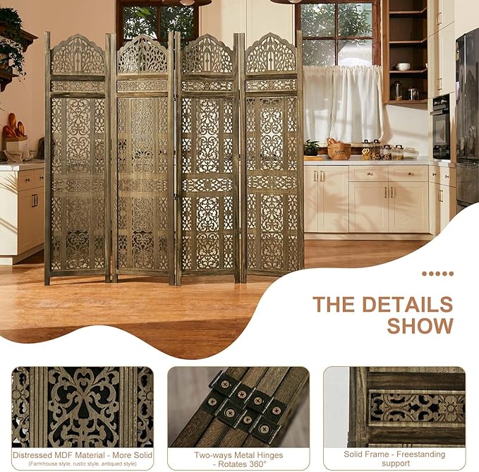 5.75Ft Room Divider Wood Screen, 33Lbs Durable Antiqued Style MDF Carved - Image 3