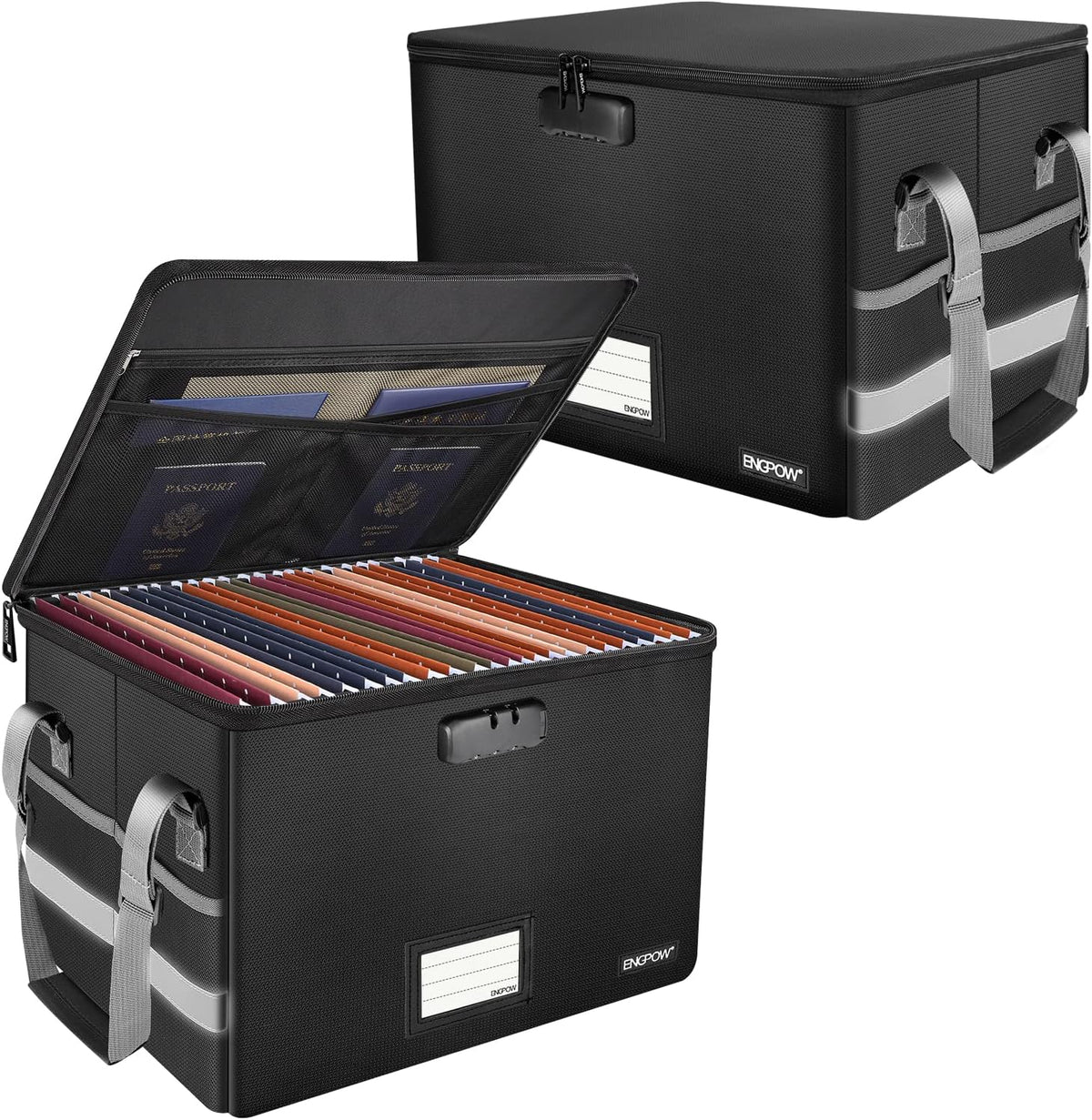 ENGPOW File Box with Lock, Fireproof Document Box with Pockets, Collapsible