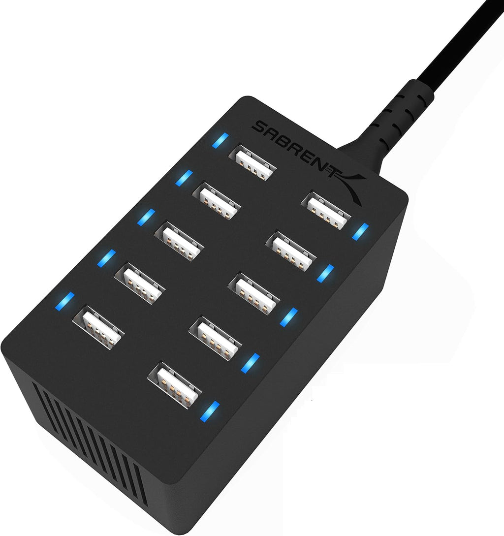 Sabrent 60 Watt 10-Port Family-Sized Desktop USB Rapid Charger. Smart USB Ports