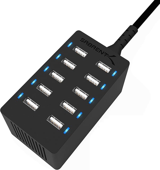 Sabrent 60 Watt 10-Port Family-Sized Desktop USB Rapid Charger. Smart USB Ports by SABRENT