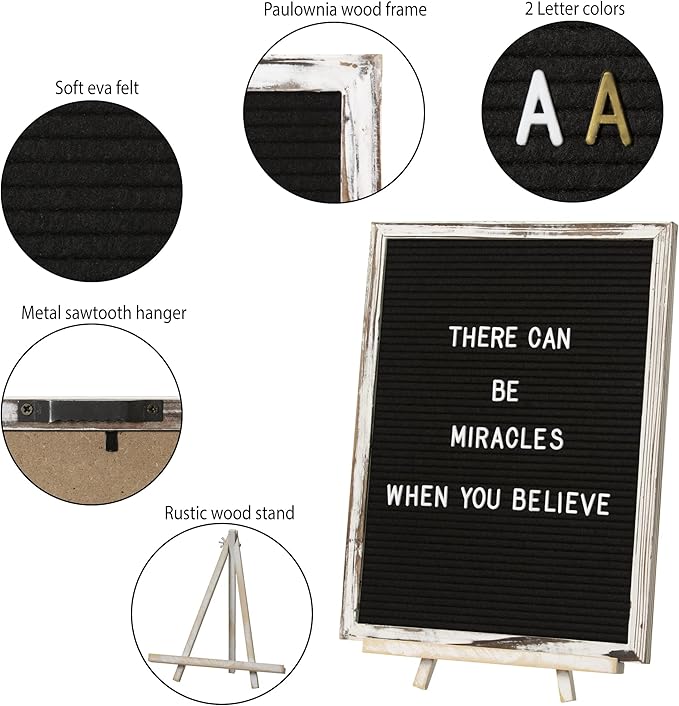 Felt Letter Board with Rustic Vintage Frame and Stand 12x16 inch, Numbers and - Image 3