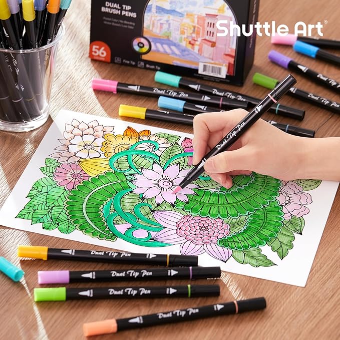 Shuttle Art Pastel Brush Pens, 56 Pastel Colouring Pens, Dual Tip Brush Markers - Image 6