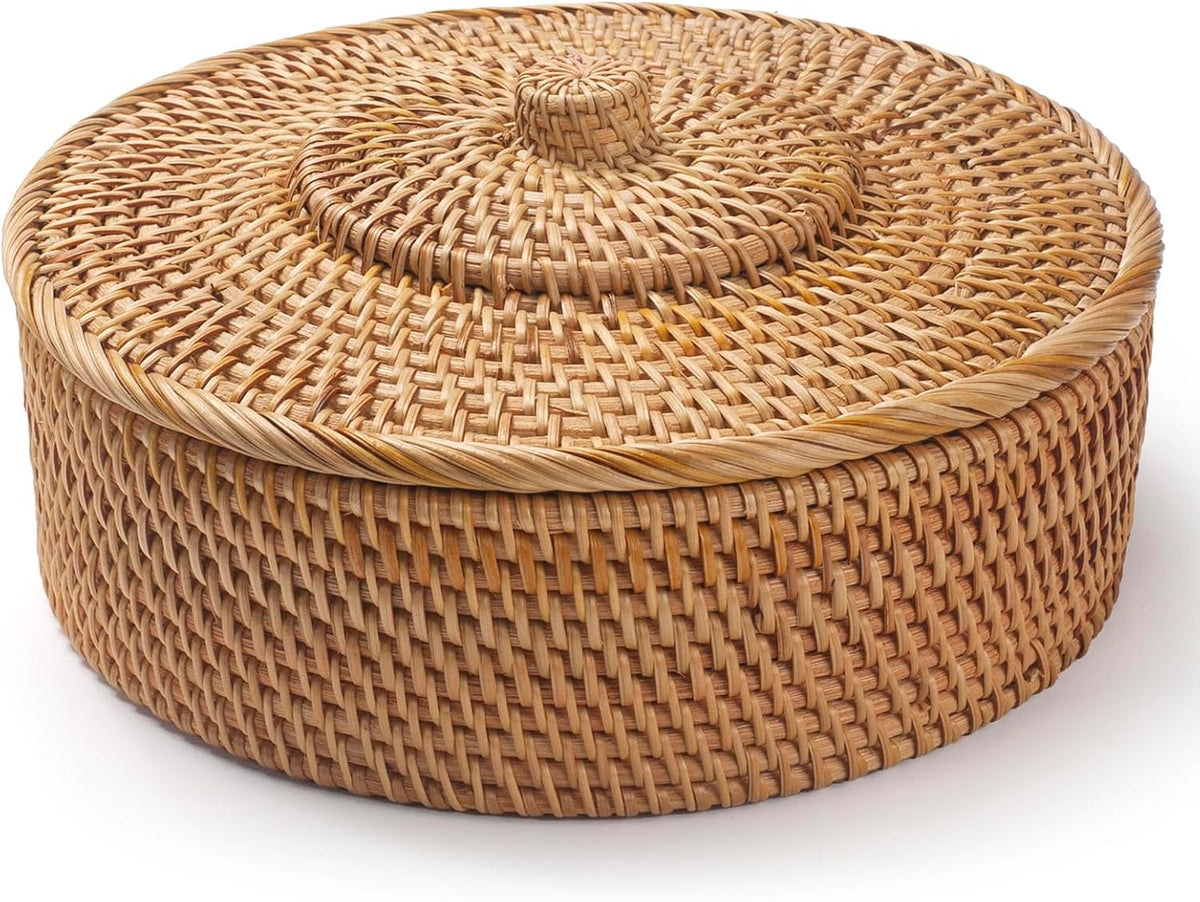 Rattan Basket With Lid, Lidded Wicker Storage Basket for Organizing, Woven Bo...