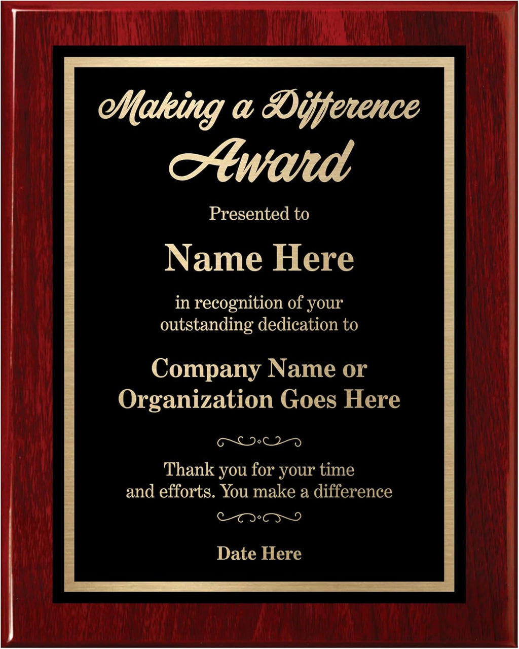 Personalized Award Plaque for Employee Apprecication and Recognition - Making a Difference Award - Choose Your Style and Size (10.5x13 Rose Piano Wood)