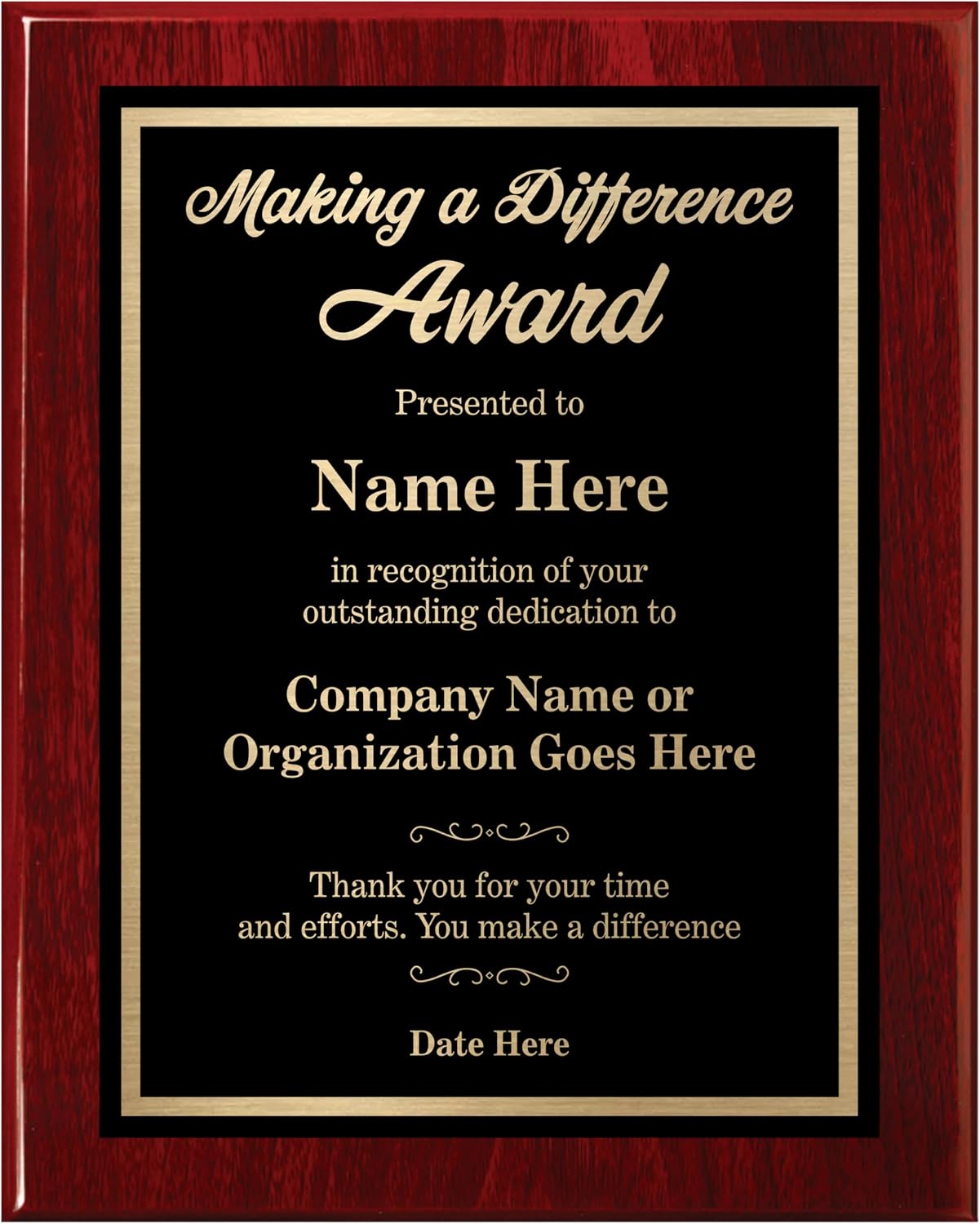 Personalized Award Plaque for Employee Apprecication and Recognition - Making a Difference Award - Choose Your Style and Size (10.5x13 Rose Piano Wood)