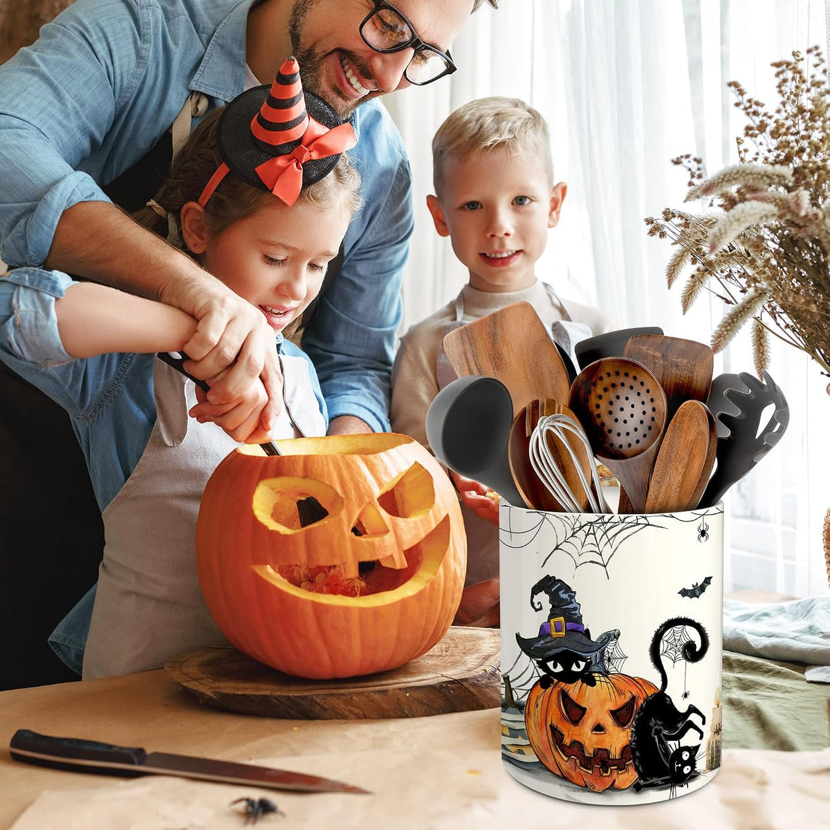 pinata Halloween Kitchen Decor, Ceramic Halloween Cat Utensil Holder