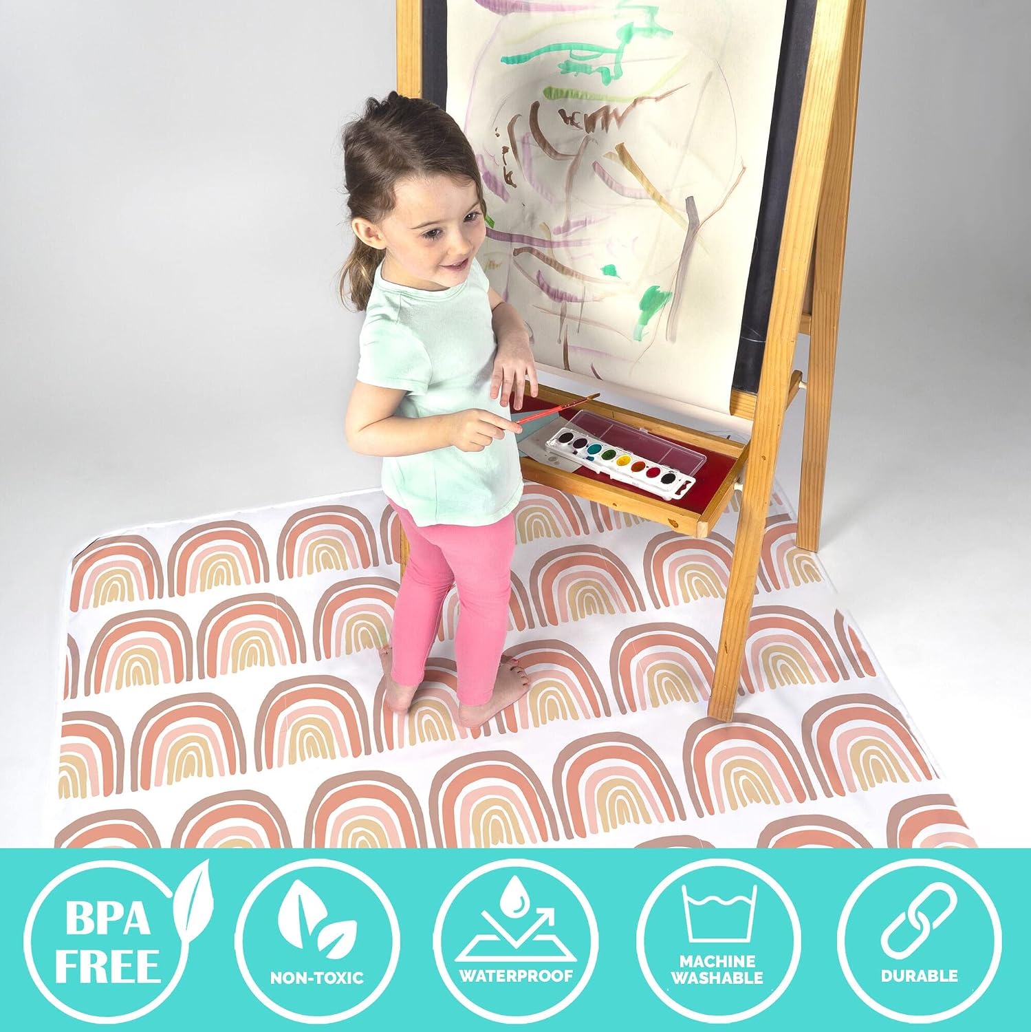 JumpOff Jo - Large Baby Splat Mat for Under High Chair, Booster Seat, Tabletop, Food Catcher - Protect Floor and Carpet from Spills & Crafts - Waterproof and Washable (Boho Rainbow)
