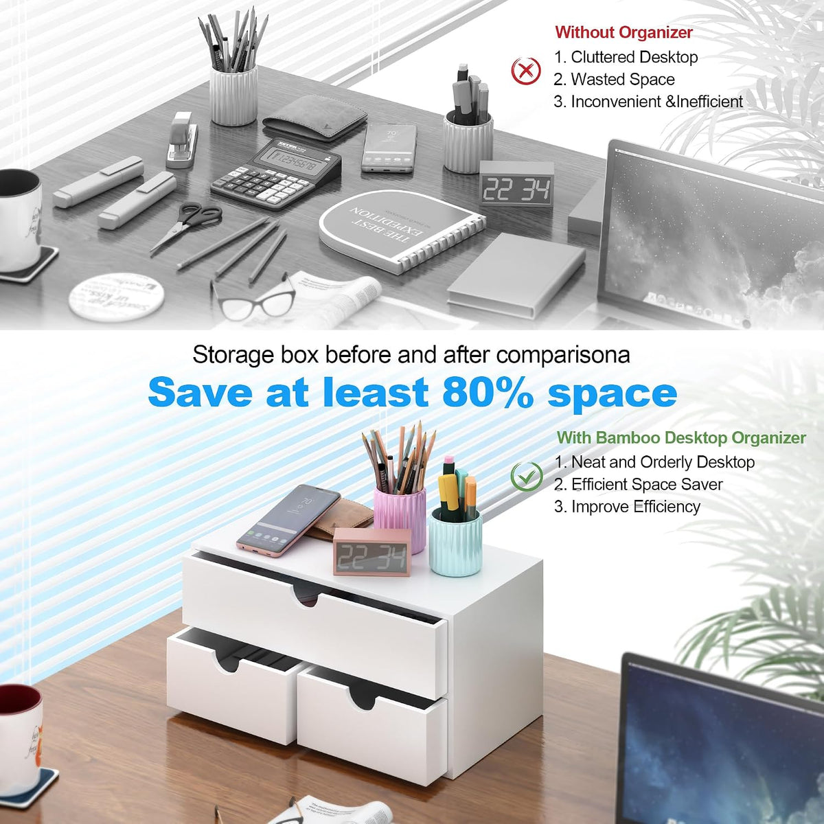 Bamboo Desk Organizer with Drawers Desktop Storage Drawers for Bills Office S...
