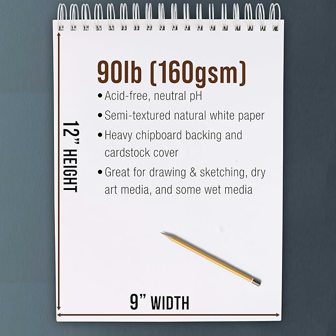 U.S. Art Supply 9”x12 Premium Heavy-Weight Paper Spiral Bound Sketch Book: 90 - Image 3
