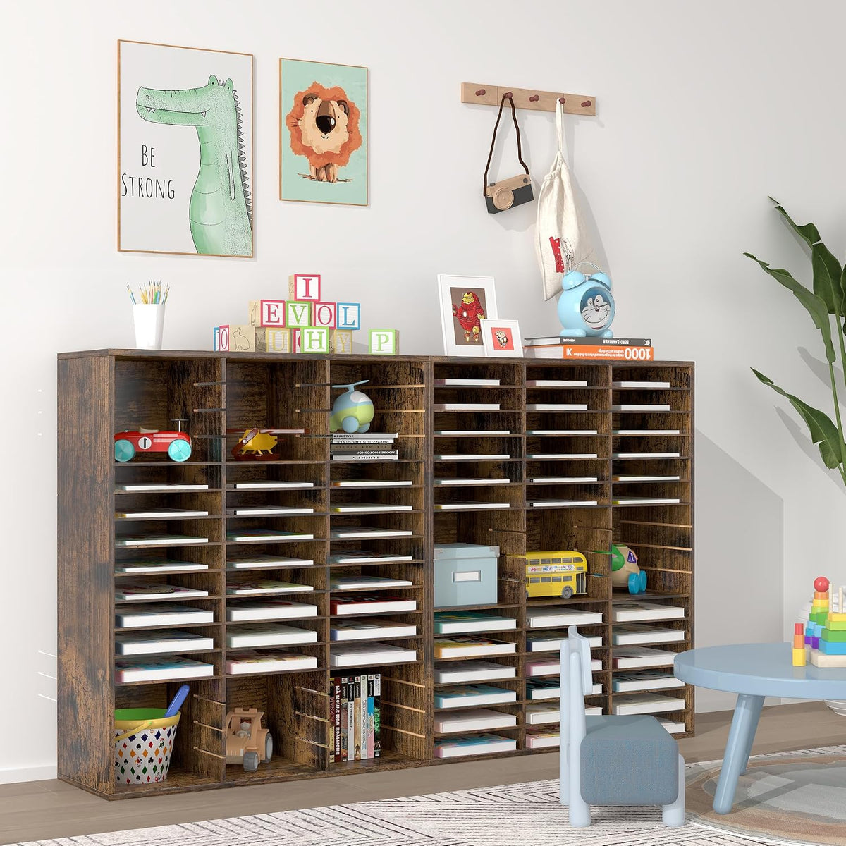 EasyPAG Wooden Literature Organizer with Adjustable Shelves, 48 Compartments ...
