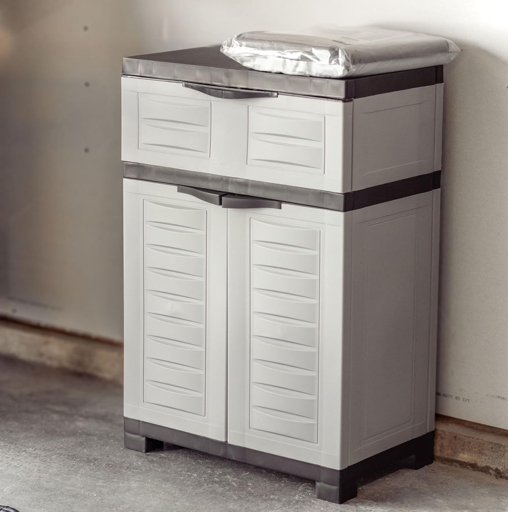 sunnydaze 34.5" garage storage cabinet with adjustable shelf on a desk or shelf
