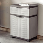 sunnydaze 34.5" garage storage cabinet with adjustable shelf on a desk or shelf