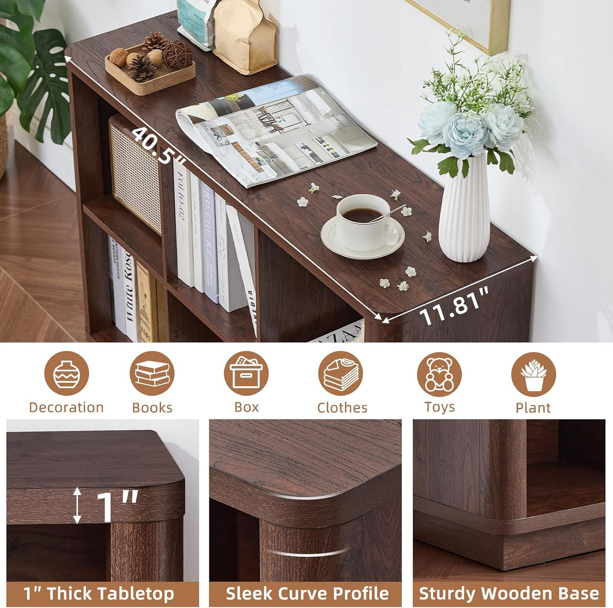 Joaxswe 6 Cube Bookcase, 40" Wide Low Horizontal Book Shelf w/Curved Edg...