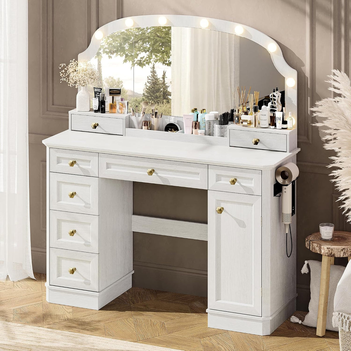 Farmhouse Makeup Vanity Desk with Mirror and Lights, 47'' Vanity Tabl...