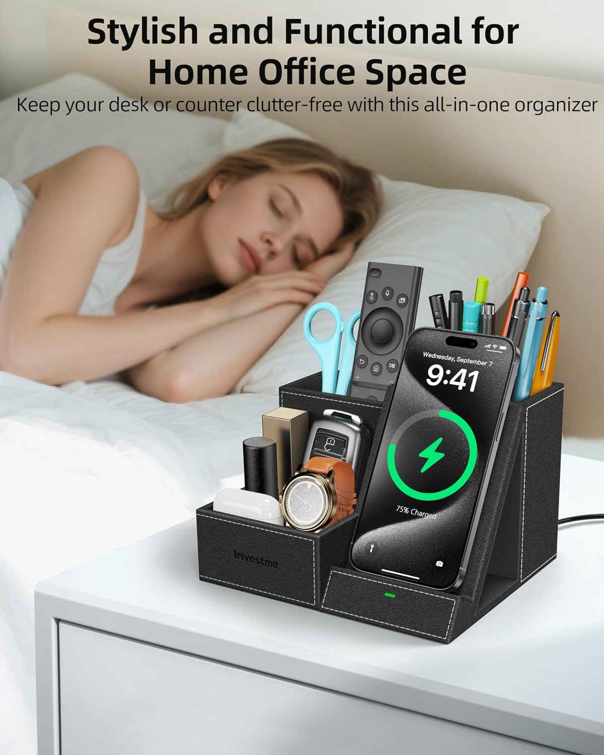 Wireless Charger with Desk Organizer, 3 Compartments and 1 Phone Stand