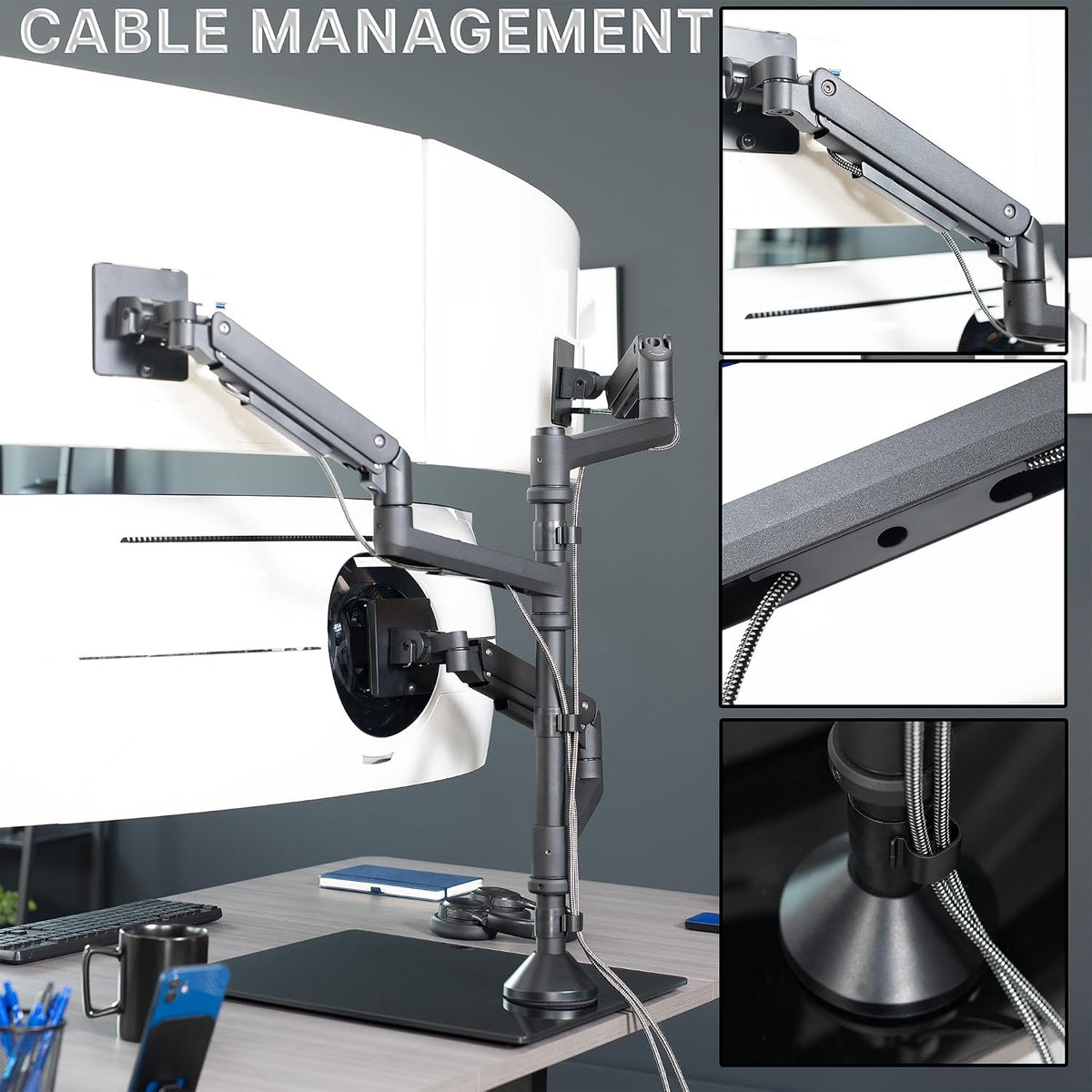 VIVO Pneumatic Arm Triple Ultrawide Monitor Desk Stand for Up to 49 inch Scre...