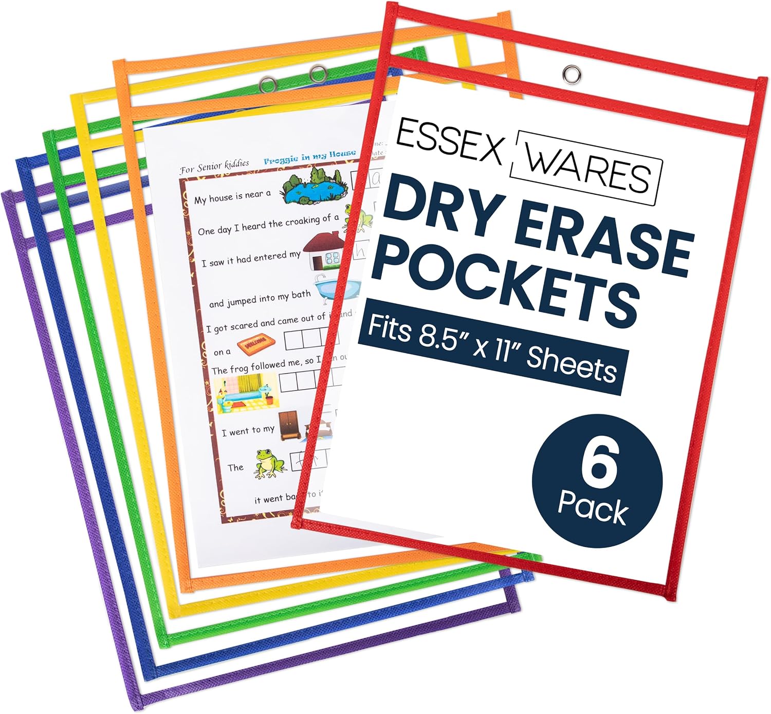 Essex Wares - 6 Pack, Assorted Colors Dry Erase Pockets, 10" W x 13.5" T | Water-Resistant, Dry Erase Pocket Document Protectors, Clear Plastic Sleeves, Reusable & Easy Erase, Job Ticket Holders