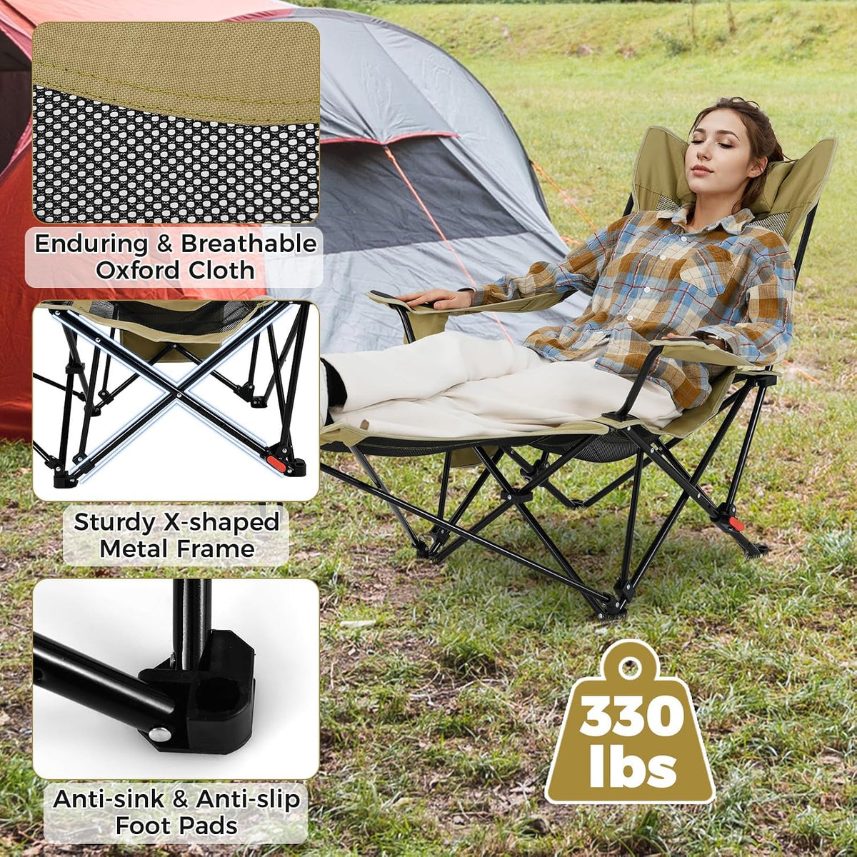 Goplus Camping Lounge Chair w/Detachable Footrest, Folding Beach Chair w/4-po...