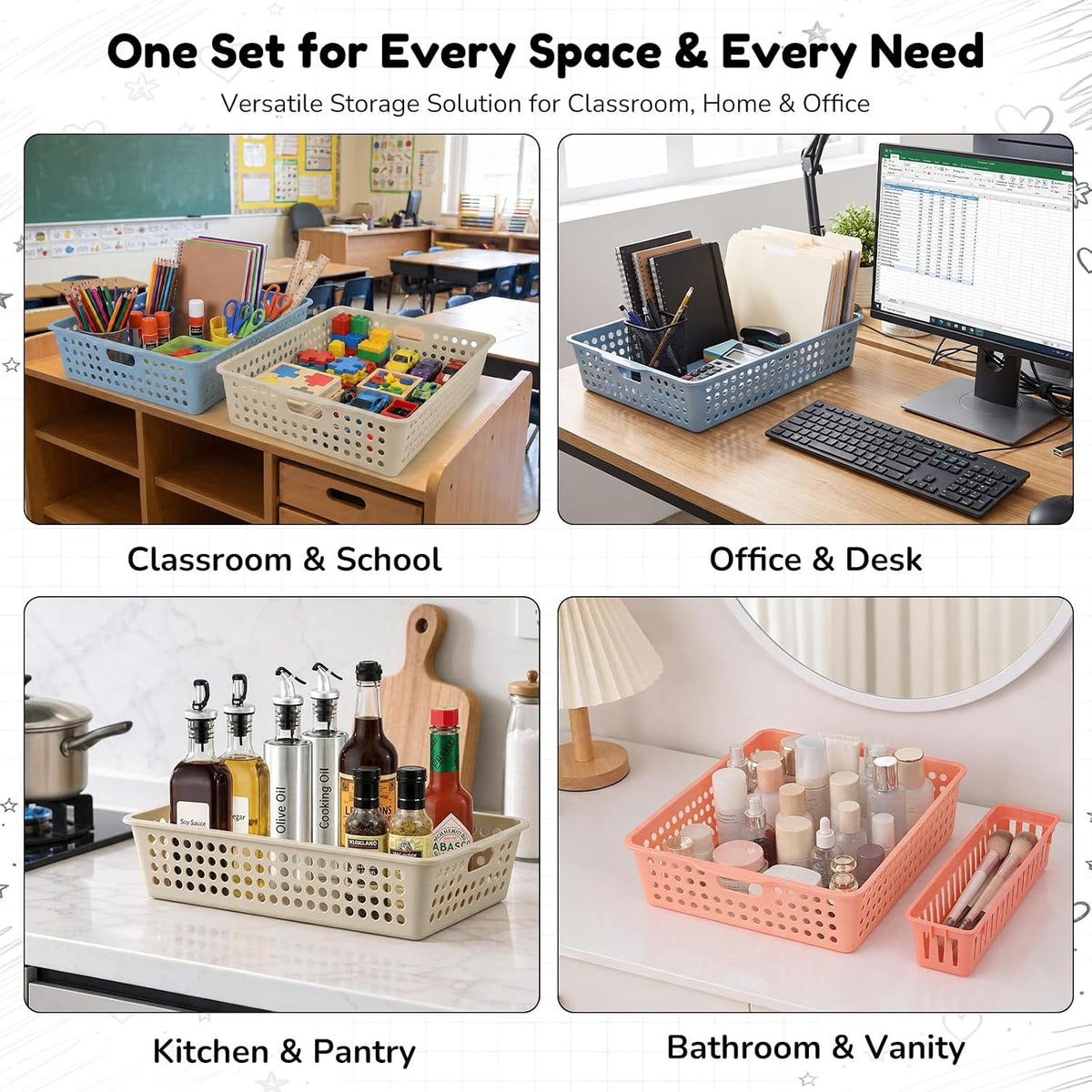 16-Piece Macaron Classroom Storage Set: 6 Paper Bins & 10 Pencil Trays