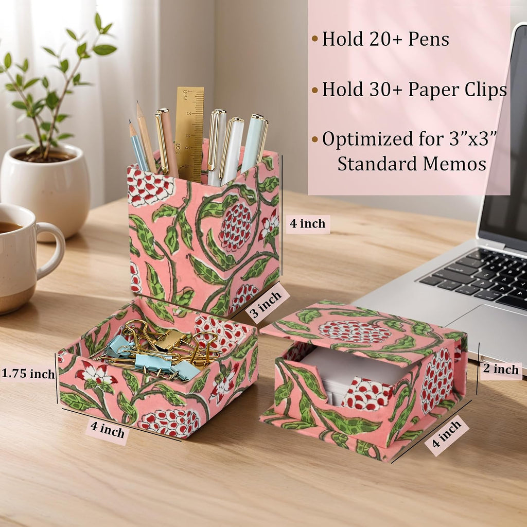 ridhi strawberry pink block print desk organizer pen showing dimensions