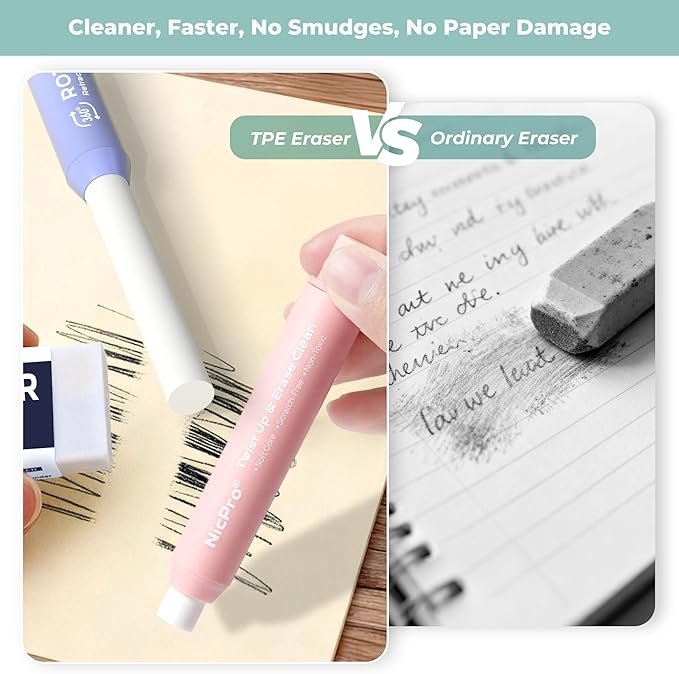 Nicpro 6 Pack Rotary Retractable Erasers, Soft TPE Rubber Twist Large Pencil - Image 6