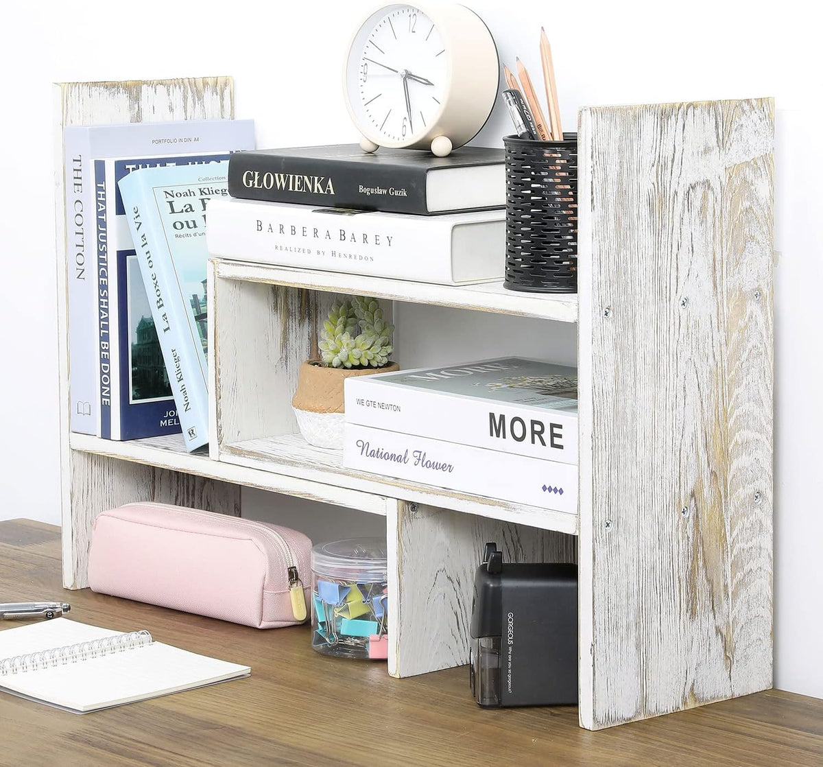 MyGift Adjustable Whitewashed Solid Wood Desktop Storage Organizer Display Sh...