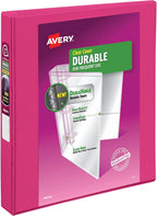 Avery Durable View 3 Ring Binder, 1 Inch Slant Rings, 1 Pink Binder (17830) | For Daily School and Office Use, DuraHinge Tear-Resistant Spine, DuraEdge Split-Resistant Sides, Clear Storage Pockets