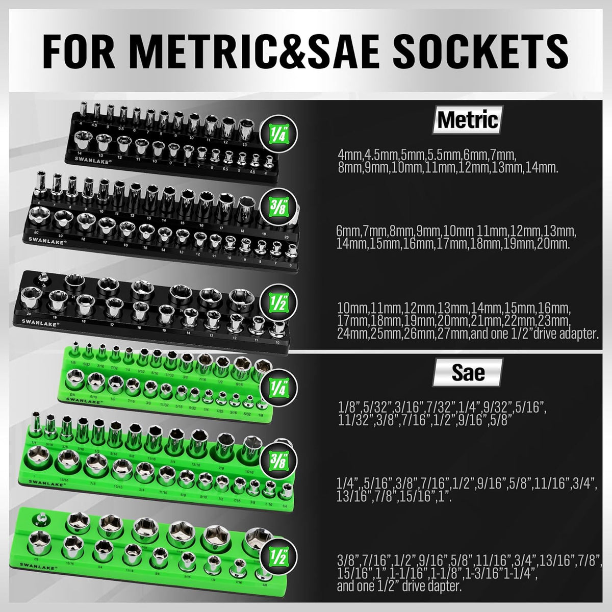 Magnetic Socket Organizer Set, 6-piece 1/4", 3/8", 1/2" SAE &a...